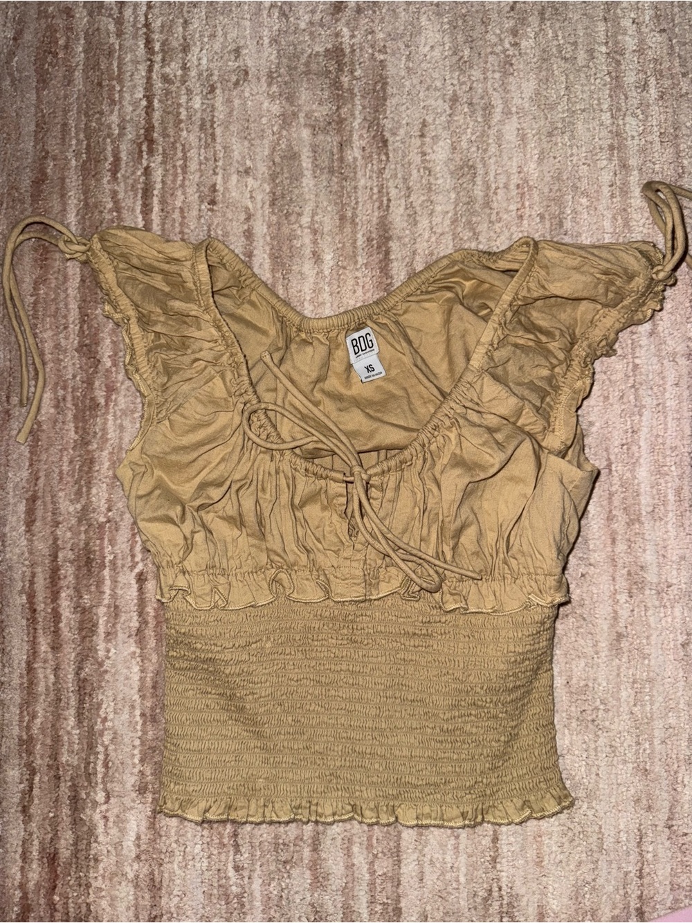BDG Mustard Ruffled Smocked Crop Top